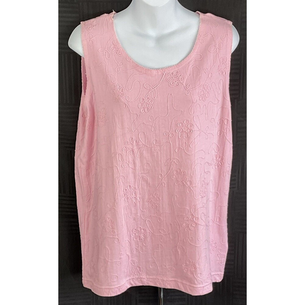 Vintage Sleeveless tank top L pink Floral Embroidered ScoopNeck 80 90s Fairy